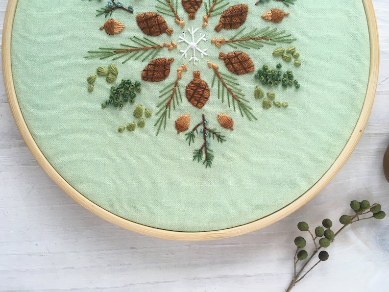 Evergreen Hand Embroidery color Sampler with printed fabric, Christmas Winter Mandala Embroidery Hoop Art image 3