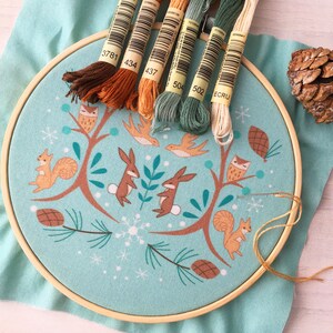 Winter Woodland Beginner Hand Embroidery color Sampler with printed fabric, Modern Embroidery Hoop Art image 4