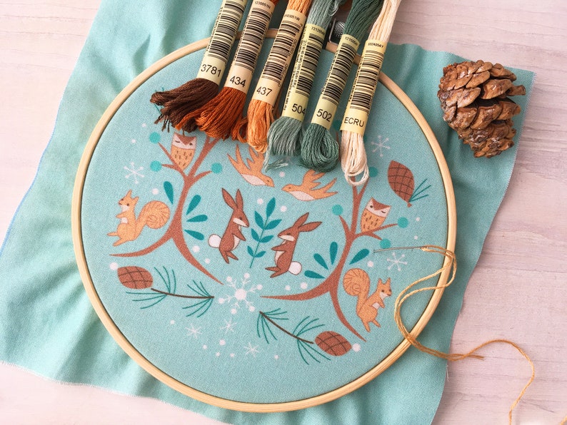 Winter Woodland Beginner Hand Embroidery color Sampler with printed fabric, Modern Embroidery Hoop Art image 4