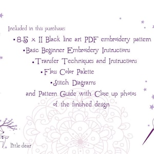 May include: A digital embroidery pattern download for a black line art design of a deer with floral details. The download includes a 8.5 x 11 inch PDF pattern, basic embroidery instructions, transfer techniques, floss color palette, and stitch diagrams.