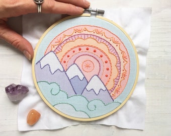 PDF download Mountain Rainbow Hand Embroidery pattern, Beginner level, Learn 9 embroidery stitches