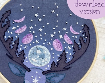 Deer Moon phases Hand Embroidery Pattern PDF download, Celestial Embroidery Hoop Art, DIY