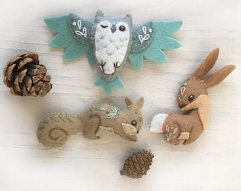 Owl, Rabbit, Squirrel felt animals sewing pattern PDF for Plush Woodland Creatures, digital download