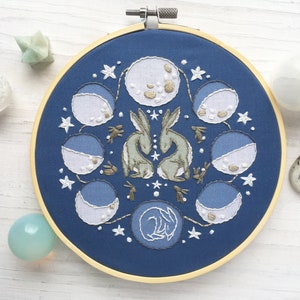 Rabbit Moon Phases Lunar Hand Embroidery Sampler, Beginner level Celestial Decor Hoop Art Design