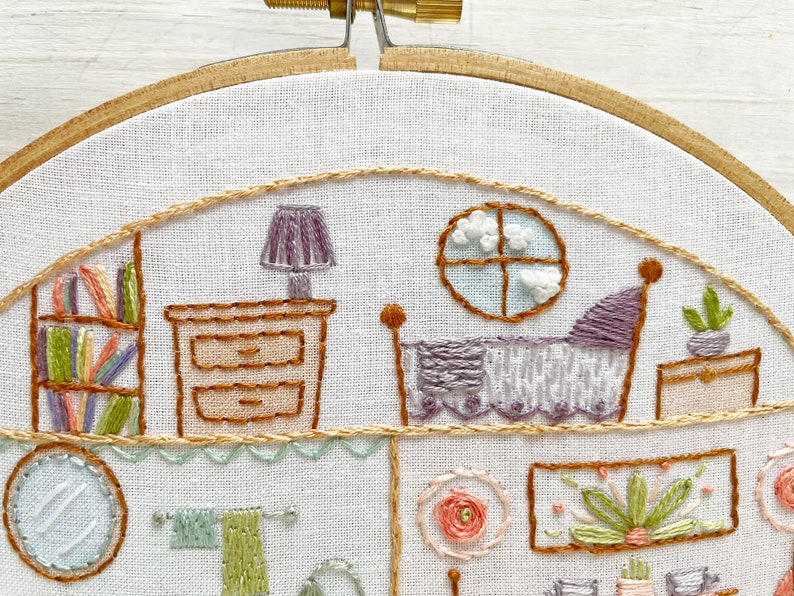 Little House Beginner Embroidery sampler, printed fabric Hand Embroidery Hoop Art Design, DIY image 3