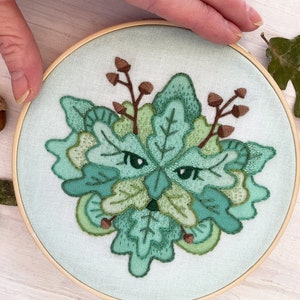 Green Man Hand Embroidery Sampler, Beginner level Modern Hoop Art Design