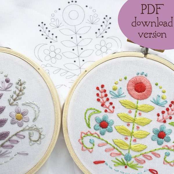PDF Download Folk Art Flowers, Learn Hand Embroidery pattern, floral design, perfect for beginners