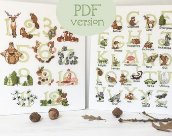 Woodland Alphabet and Numbers hand embroidery, ABC forest animals PDF download pattern