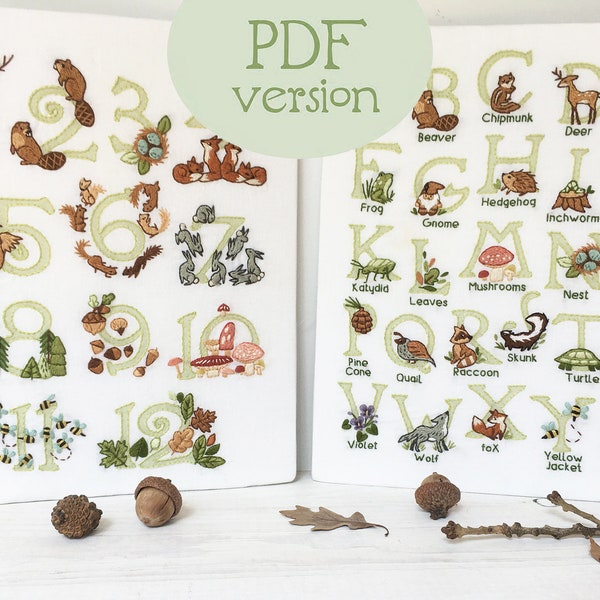 Woodland Alphabet and Numbers hand embroidery, ABC forest animals PDF download pattern