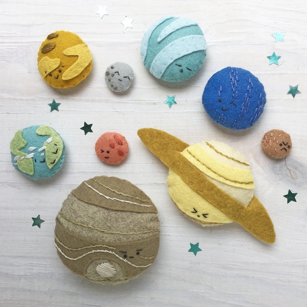 Felt Planets PDF pattern download, SVG file, Plush Sewing Pattern for outer space solar system