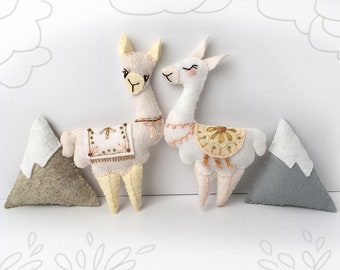 Llama Plush Felt Animals Sewing pattern for felt ornaments or baby mobile, PDF Download, alpaca Mountain baby shower gift, adventure nursery