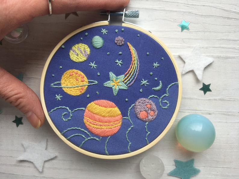 Planets and Stars Hand Embroidery 4 inch printed fabric Stitch Sampler, cosmic rainbow solar system, perfect for beginners zdjęcie 6