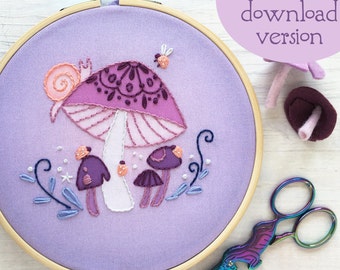 PDF download Lila Mandala Pilz Schnecke und Marienkäfer Hand Embroidery Muster, Stickrahmen Design