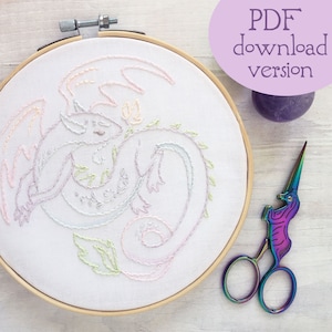 PDF download Pastel Dragon Hand Embroidery pattern, fantasy hoop art