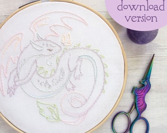 PDF download Pastel Dragon Hand Embroidery pattern, fantasy hoop art