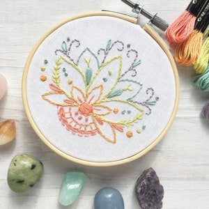 Learn to embroider with this Mini Lotus Flower Hand Embroidery printed fabric Sampler, floral design, perfect for beginners