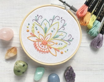 Learn to embroider with this Mini Lotus Flower Hand Embroidery printed fabric Sampler, floral design, perfect for beginners