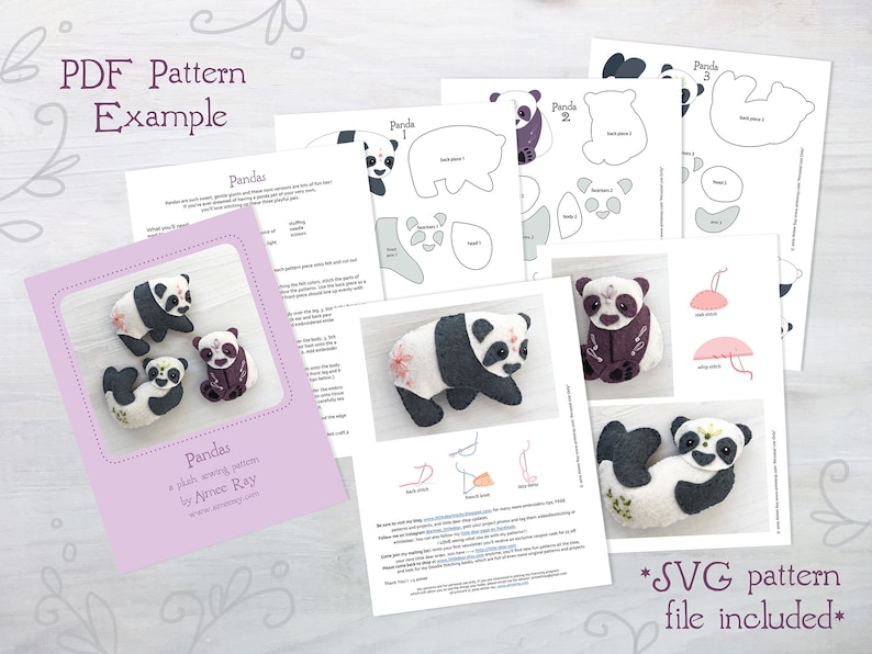 Pu&ograve; includere: Un modello PDF per un progetto di cucito di peluche con tre adorabili panda. Il modello include istruzioni e modelli per creare i panda, con un design floreale sui corpi dei panda. Il testo sulla copertina recita "Pandas, un modello di cucito di peluche di Aimee Ray, www.aimeeray.com".