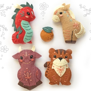 Zodiaco cinese set 3 animali in feltro peluche cartamodello, download PDF, file SVG per ornamenti in feltro, drago, cavallo, tigre, bue