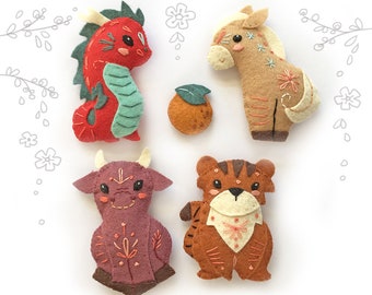 Chinese Zodiac set 3 Felt Animals Plush Sewing Pattern, PDF Download, SVG file for Felt Ornaments, Dragon, Horse, Tiger, Ox