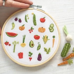 Tiny Fruits and Veggies Hand Embroidery Pattern PDF Download, Embroidery Hoop Art, garden, food designs