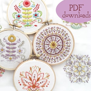4 embroidery patterns, PDF download, lotus, mandala, floral designs, perfect for beginners