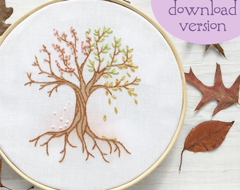 4 Jahreszeiten Baum Anfänger Hand Embroidery Muster PDF download, Moderne Stickrahmen Kunst