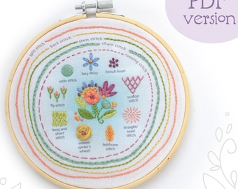 Download de PDF padrão Stitch Sampler Design de bordado para iniciantes, referência de ponto, aprender bordado à mão