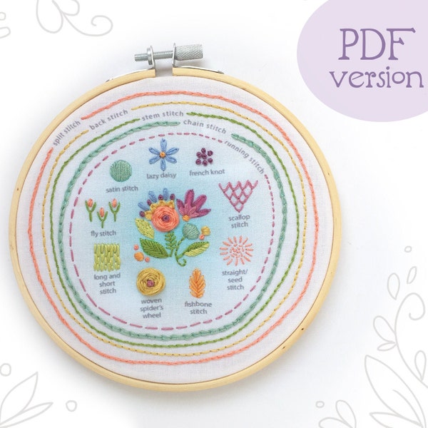 PDF download pattern Stitch Sampler Beginner Embroidery design, Stitch Reference, Learn Hand Embroidery