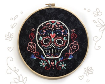 Calavera, Sugar Skull Hand Embroidery Pattern, PDF download, Day of the Dead Floral Embroidery Hoop Art