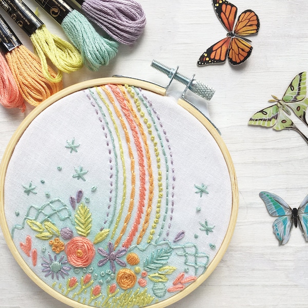 Rainbow Flower Hand Embroidery 4 inch printed fabric Stitch Sampler, perfect for beginners, learn 15 basic stitches