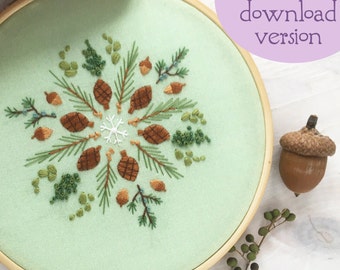 PDF download Evergreen Hand Embroidery pattern, Christmas Winter nature mandala