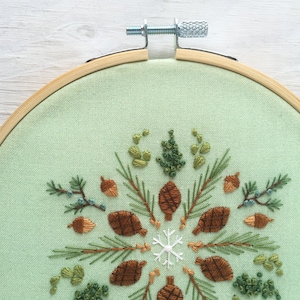 Evergreen Hand Embroidery color Sampler with printed fabric, Christmas Winter Mandala Embroidery Hoop Art image 4