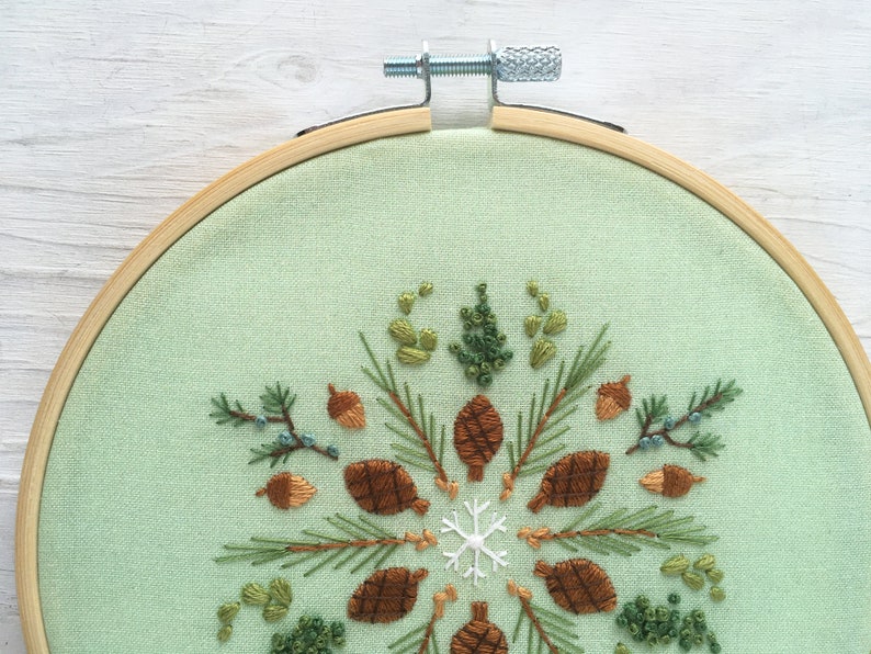 Evergreen Hand Embroidery color Sampler with printed fabric, Christmas Winter Mandala Embroidery Hoop Art image 4