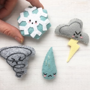 Moody Weather felt PDF Plush Sewing Pattern, rain drop, storm cloud, snowflake, lightning, tornado, SVG file for mini felt toys, baby mobile