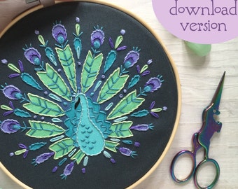 Descargar PDF Patrón de bordado a mano Peacock Mandala, arte de aro DIY
