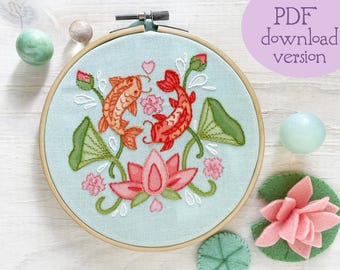 PDF download pattern Koi and Lotus Hand Embroidery design