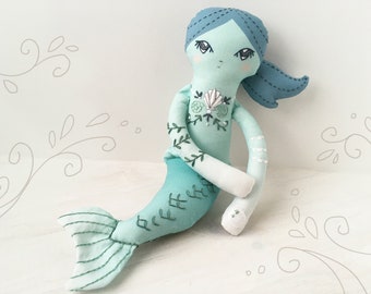 DIY Cut and Sew Mermaid doll with embroidery, cloth doll, embroidery sampler, craft kit