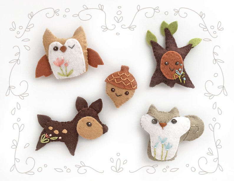 Woodland Creatures Plush sewing pattern Set 2, PDF Download, SVG file, Felt Animals for Baby Mobile, Finger Puppets, Felt Ornaments image 1