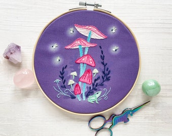 Mushroom Glow Beginner Embroidery sampler, printed fabric Hand Embroidery Hoop Art Design, DIY