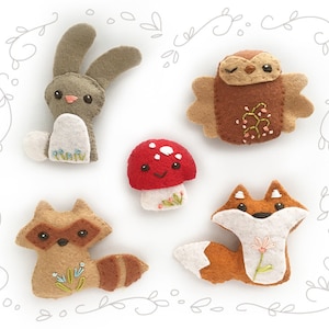 Woodland Creatures Set 1 Felt Plush Animals Sewing Pattern PDF Download, for Baby Mobile or Woodland Nursery Decor, mushroom, fox, owl image 1