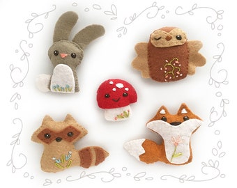 Woodland Creatures Set 1 Filz Plüsch Tiere Nähen Muster PDF Download, für Baby Mobile oder Woodland Kinderzimmer Dekoration, Pilz, Fuchs, Eule