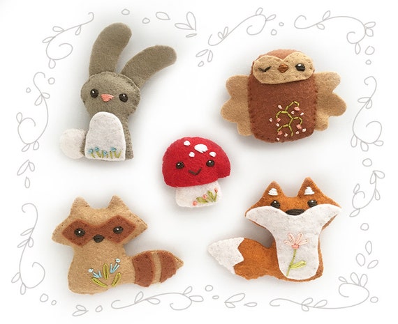 Woodland Creatures Set 1 Felt Plush Animals Sewing Pattern PDF Download,  for Baby Mobile or Woodland Nursery Decor, Mushroom, Fox, Owl 