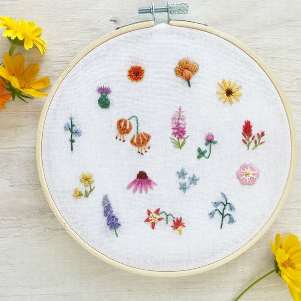 Tiny Wildflowers Hand Embroidery Pattern PDF Download, Mini Embroidery Hoop Art