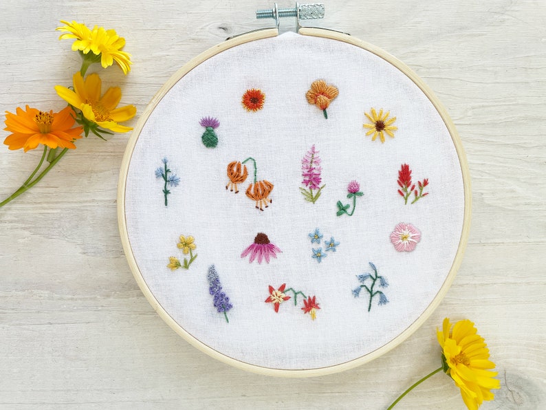 Tiny Wildflowers Hand Embroidery Pattern PDF Download, Mini Embroidery Hoop Art image 1