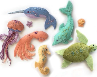 Plush Sewing pattern for 6 different Sea Creatures Felt Animals, PDF, SVG Download, Octopus, Narwhal, Dolphin, Felt Ornaments