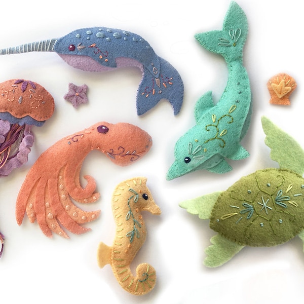 Plush Sewing pattern for 6 different Sea Creatures Felt Animals, PDF, SVG Download, Octopus, Narwhal, Dolphin, Felt Ornaments