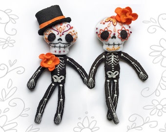 Day of the Dead Plush Sewing Pattern for Felt Calaveras Skeleton dolls, Sugar Skull, Dia de los Muertos, soft toy PDF Download, SVG included