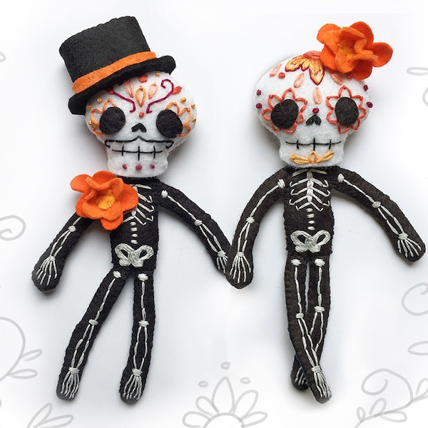 Day of the Dead Plush Sewing Pattern for Felt Calaveras Skeleton dolls, Sugar Skull, Dia de los Muertos, soft toy PDF Download, SVG included