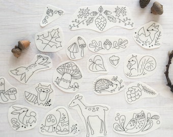19 Woodland Stick and Stitch embroidery designs, hand embroidery patterns, animals, plants, mushrooms, acorns